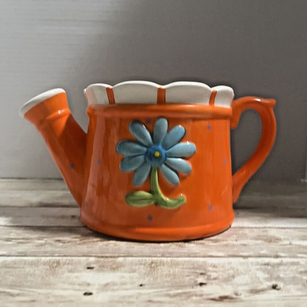 Ceramic Decorative Watering Can Pitcher Vase, Orange, Floral, Spring, Easter